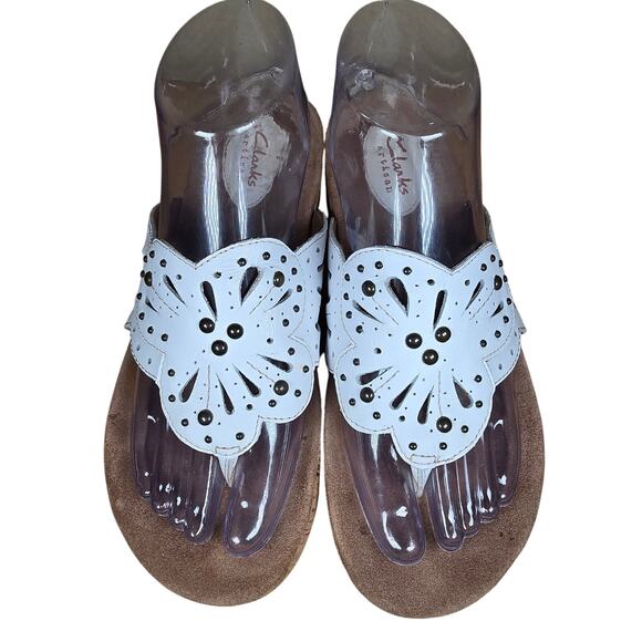 Clarks Artisan Sandals Palima Palm Laser Cut Thong Cork Wedge White Womens Sz 8 - Picture 5 of 11
